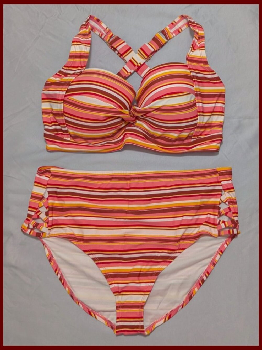 Island Rays Bikini Swimsuit - Striped - Cross Back Push-Up High Waist - Plus 2X
